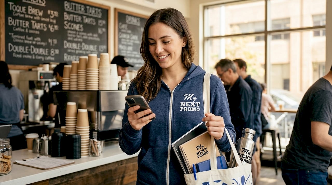 Branded hoodie and promo drinkware in use
