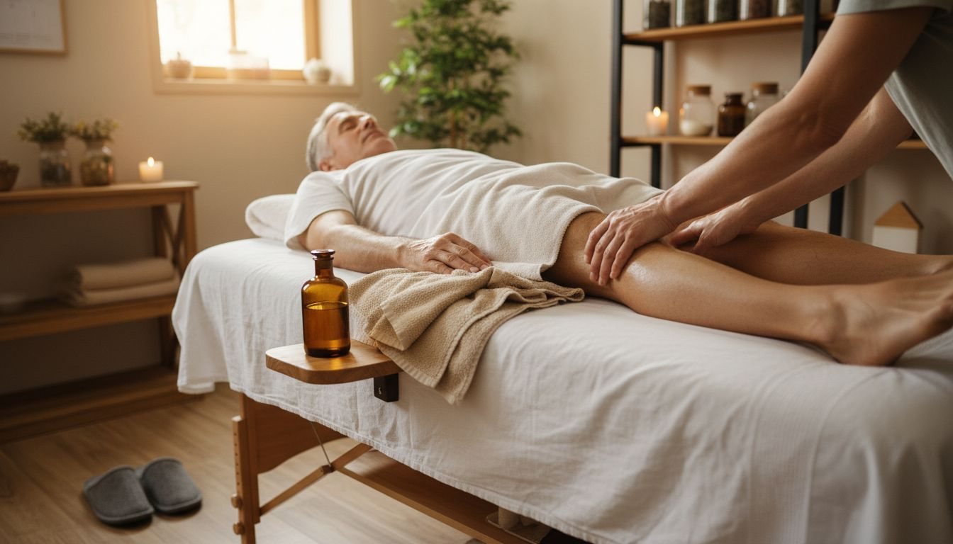 Un thérapeute prodigue un massage relaxant à un patient allongé, totalement détendu.