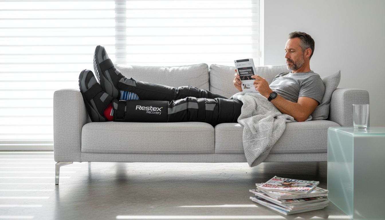 Homme allongé, jambes surélevées, en séance de pressothérapie