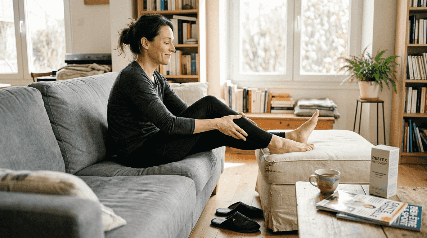 Une femme profite du soleil pour se masser la jambe, savourant un moment de détente.