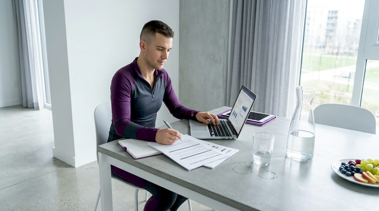 Un homme en plein télétravail chez lui, prenant une pause pour s’hydrater.