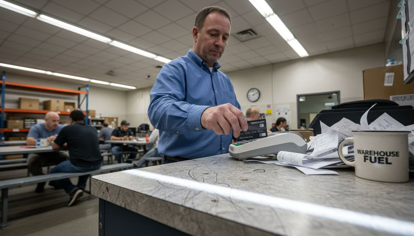 Employee using physical business debit card in warehouse