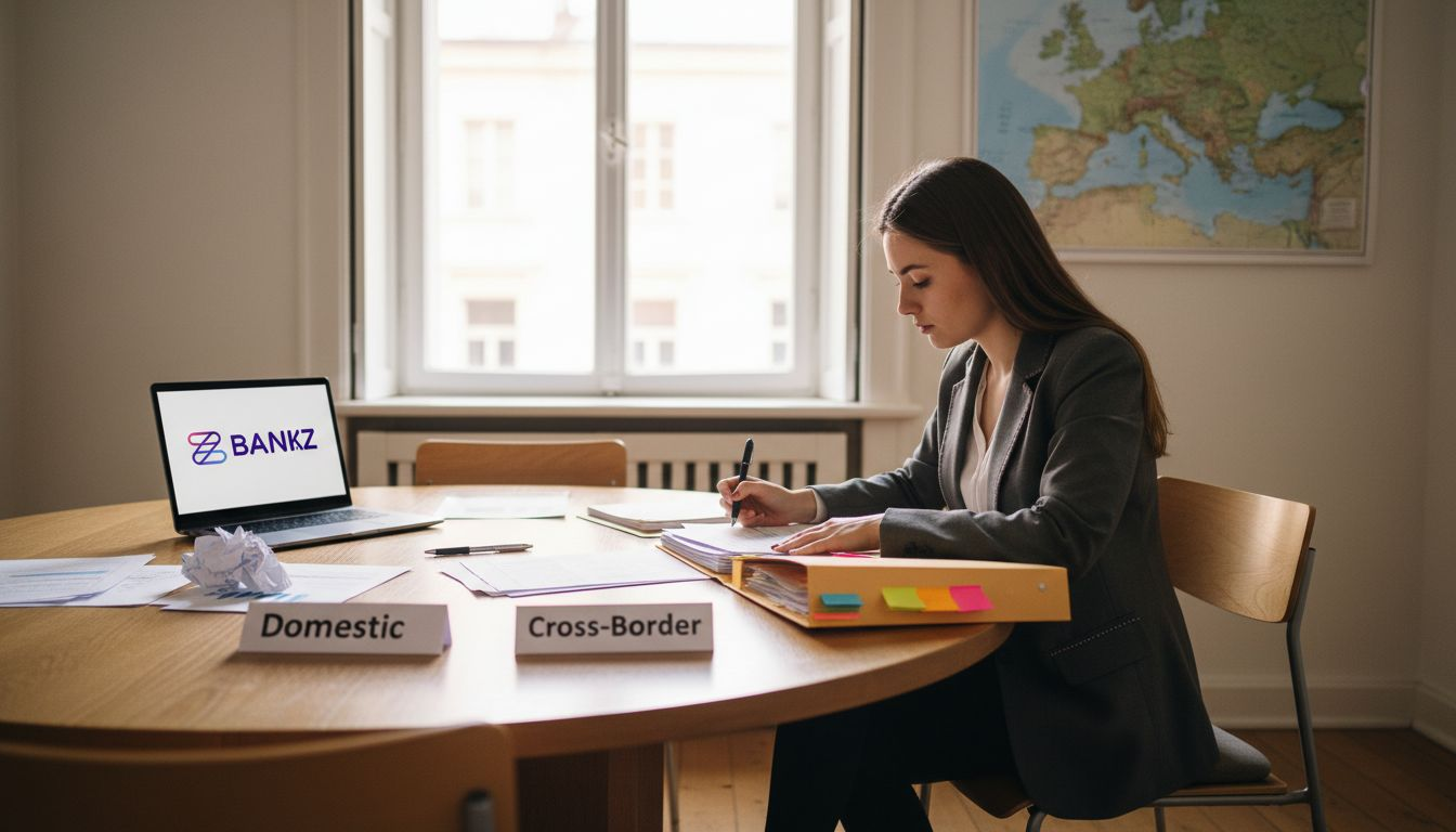 Businesswoman comparing domestic and cross-border paperwork