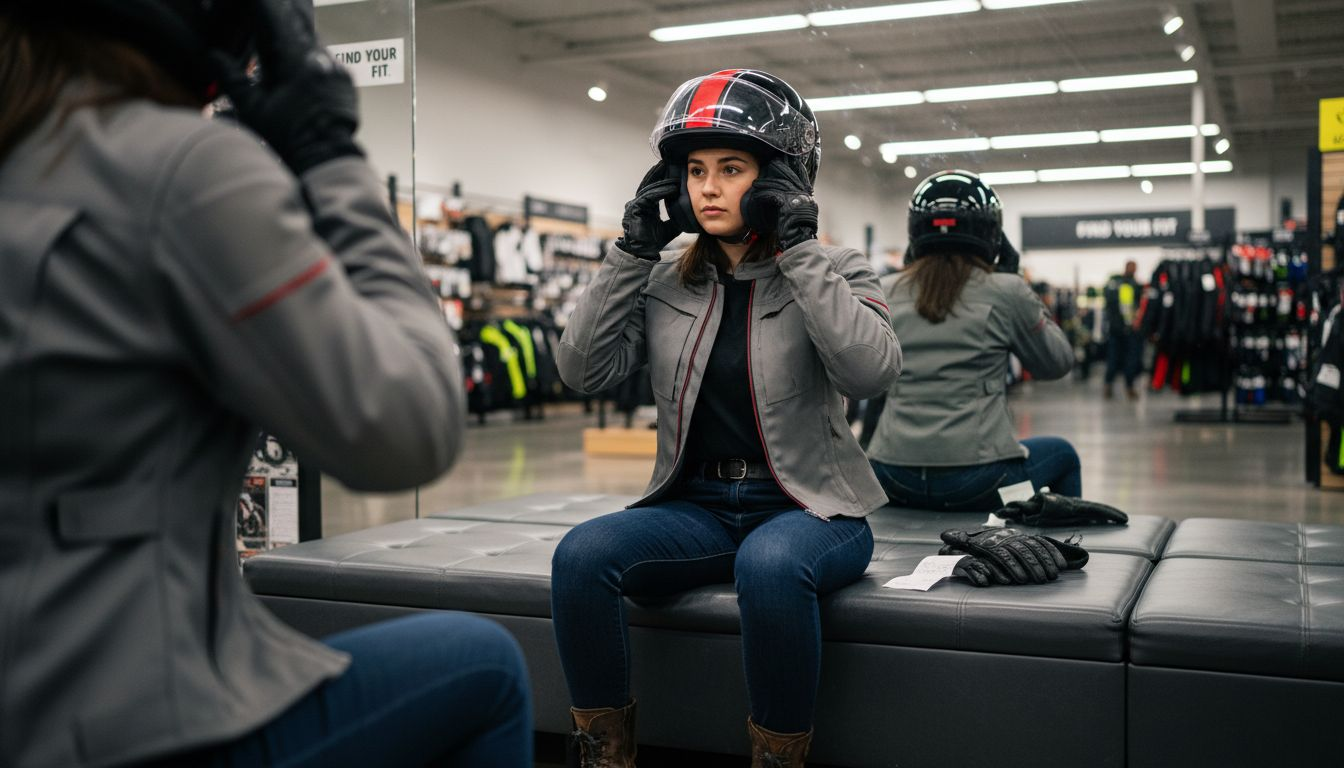 Woman trying on helmet in fitting area