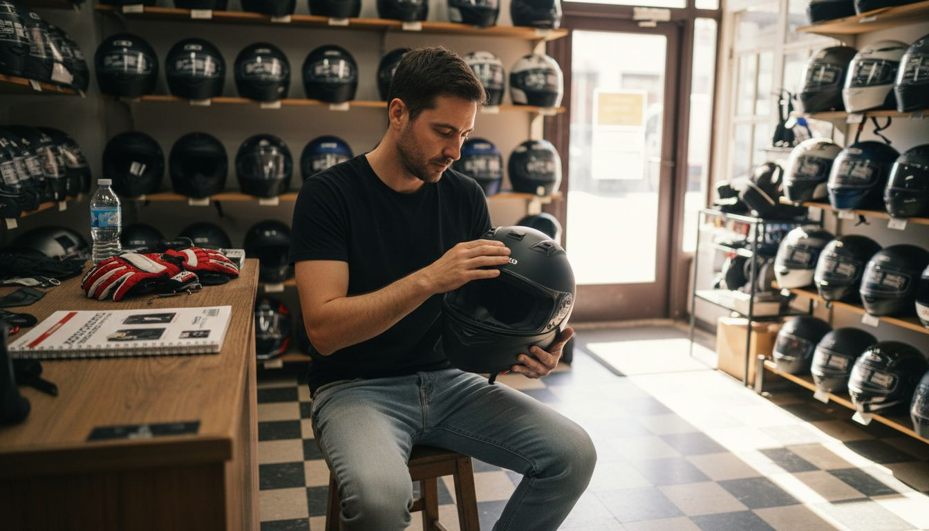 Man examining motorcycle helmet in gear shop