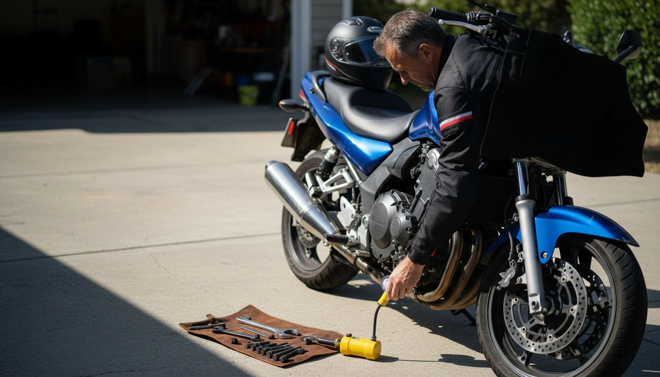 Rider performing safety inspection on motorcycle