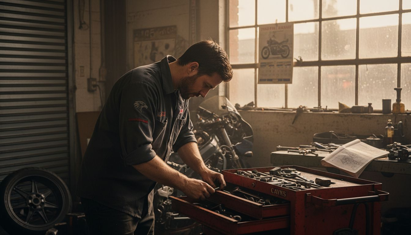 Mechanic tuning motorcycle in sunlit workshop