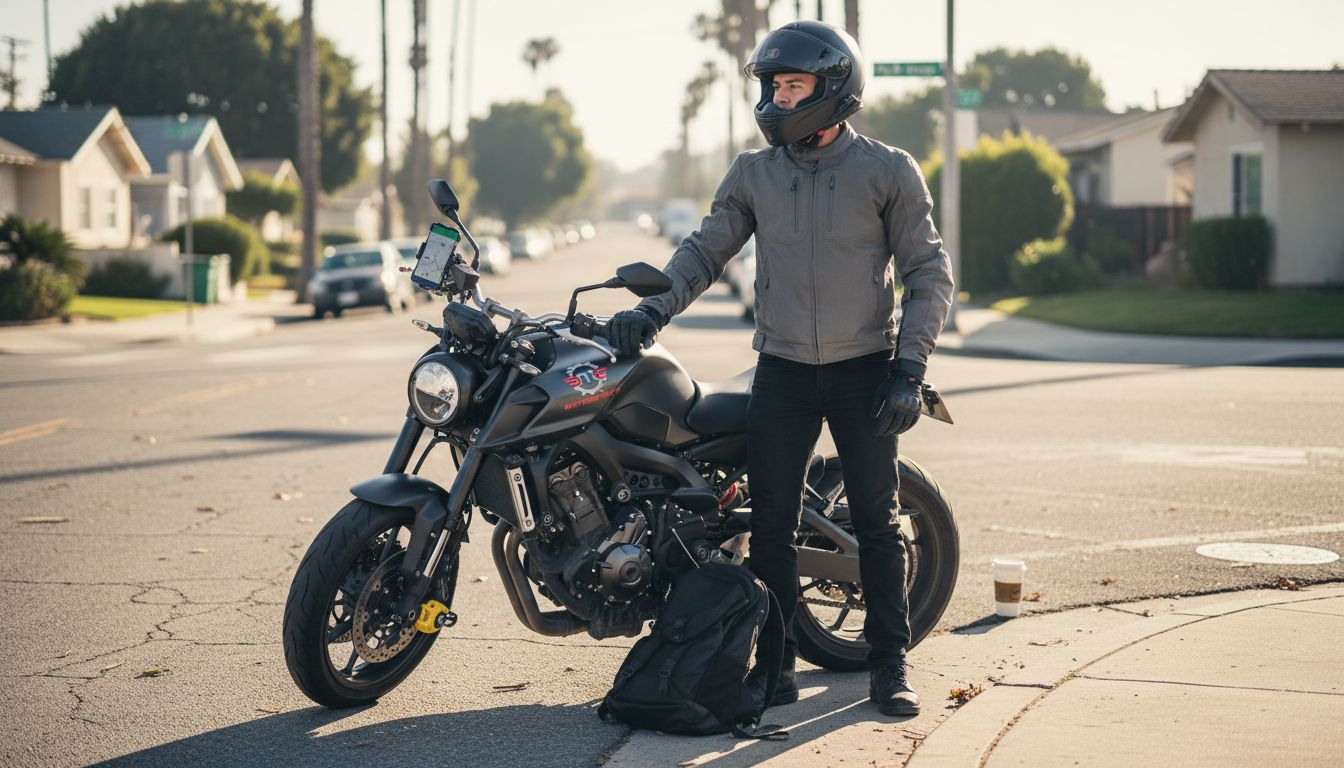 New rider with helmet, jacket, gloves and bike