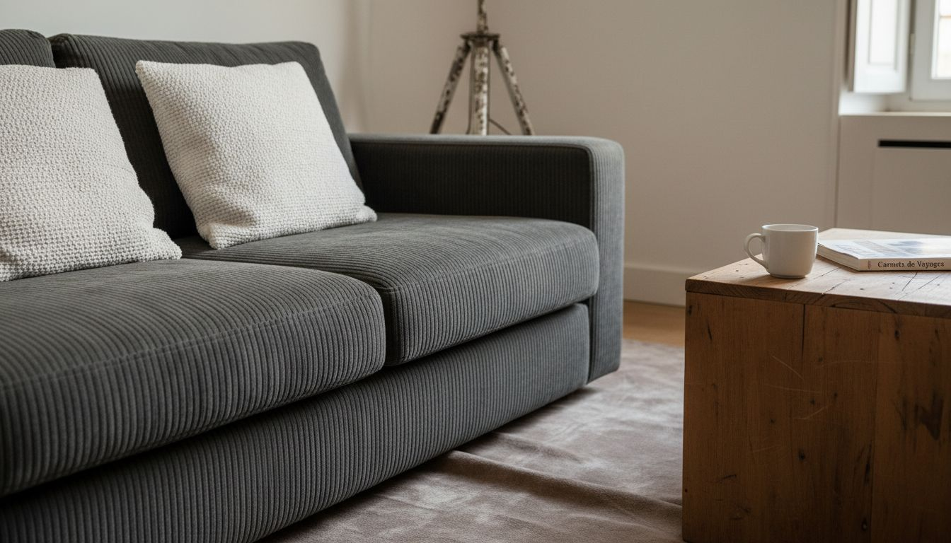 Ambiance déco chaleureuse où le bois, le velours et le bouclé s’entremêlent dans un esprit décontracté.