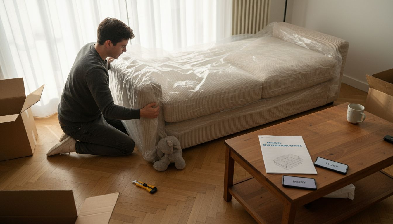 Ouverture et installation d’un canapé en velours côtelé livré sous vide, parfait pour donner du style à votre salon.