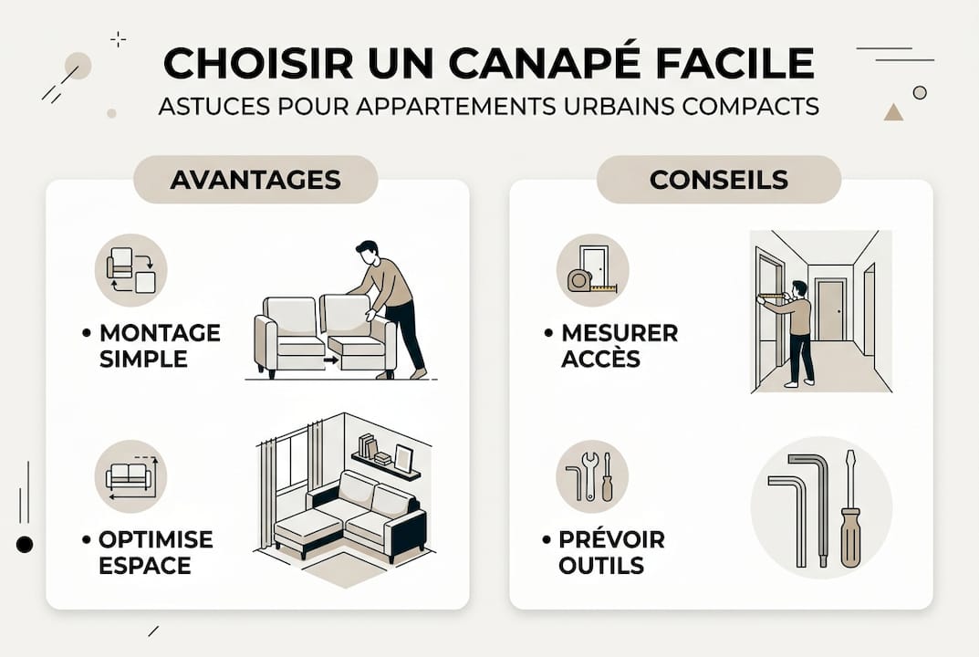 Découvrez notre infographie : astuces pratiques et bénéfices d’un canapé à montage simple. Profitez d’un meuble facile à installer, gagnez du temps et bénéficiez de conseils pour optimiser votre confort et votre espace.