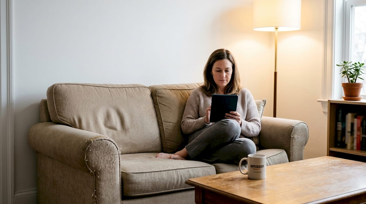 Une femme se détend, confortablement installée sur un petit canapé.