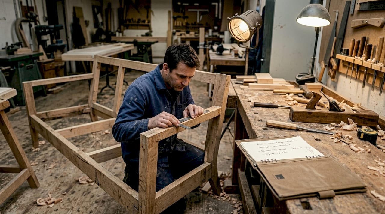 Un professionnel du bois examine minutieusement une charpente en bois massif.