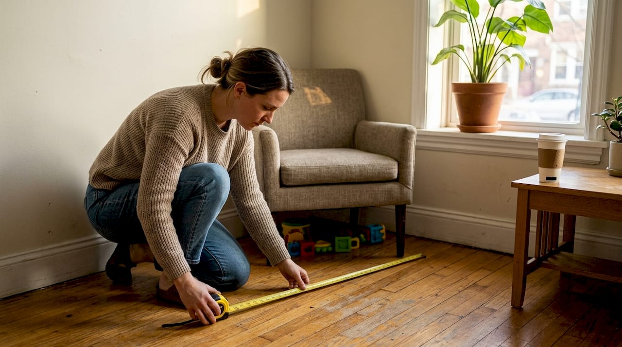 Une femme prend les mesures de son salon pour vérifier si le canapé qu’elle souhaite acheter pourra y trouver sa place.