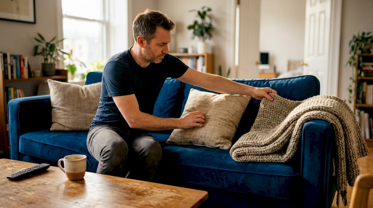 Un homme prend soin de disposer les coussins et le plaid sur le canapé pour créer une ambiance cosy.