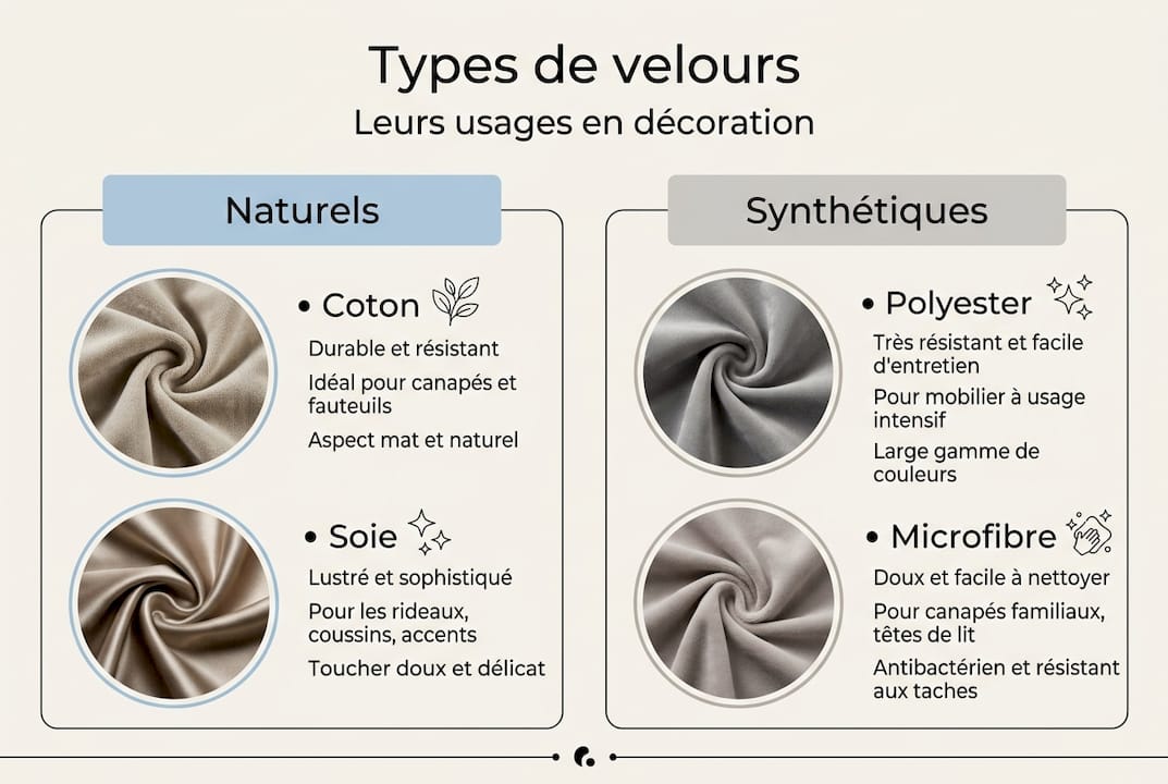 Découvrez en images les différentes variétés de velours et leurs applications en décoration d’intérieur.