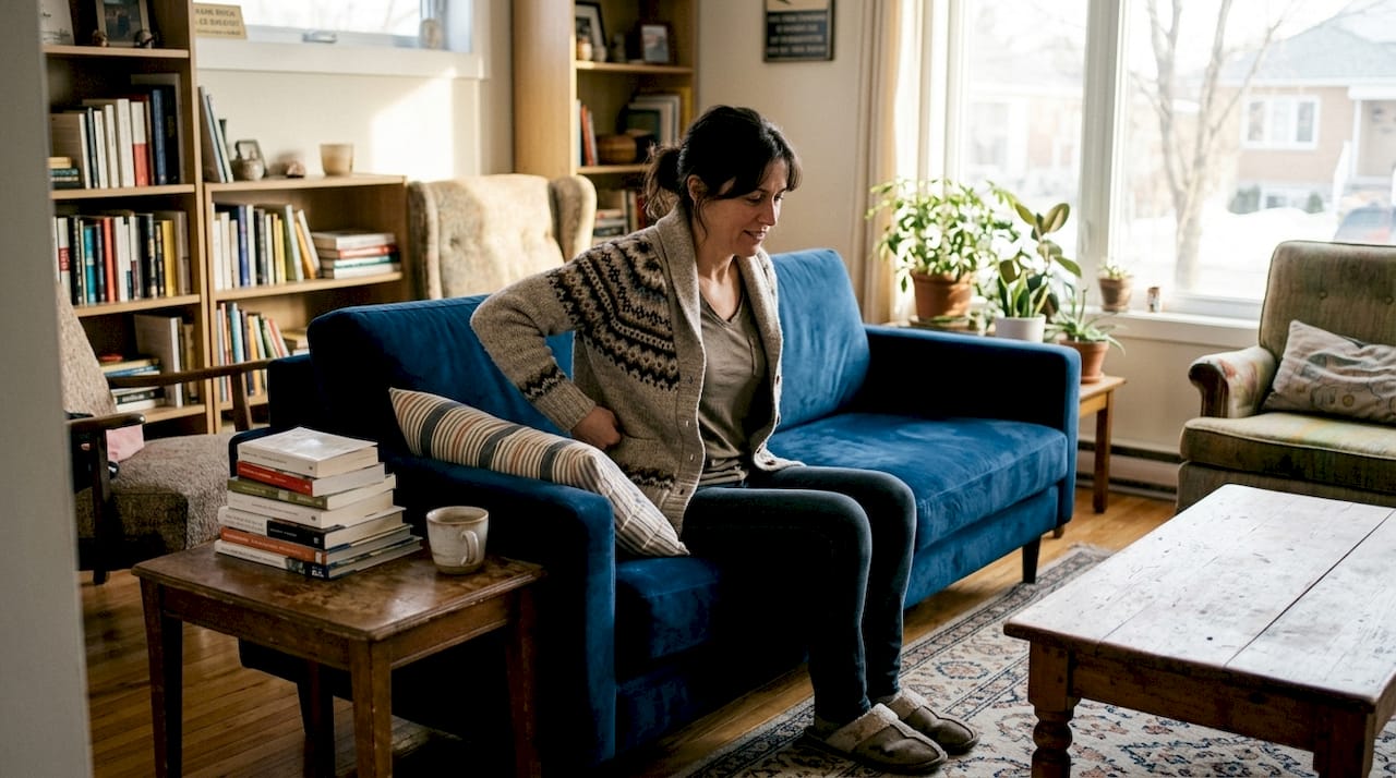 Une femme réajuste un coussin sur un canapé ergonomique.