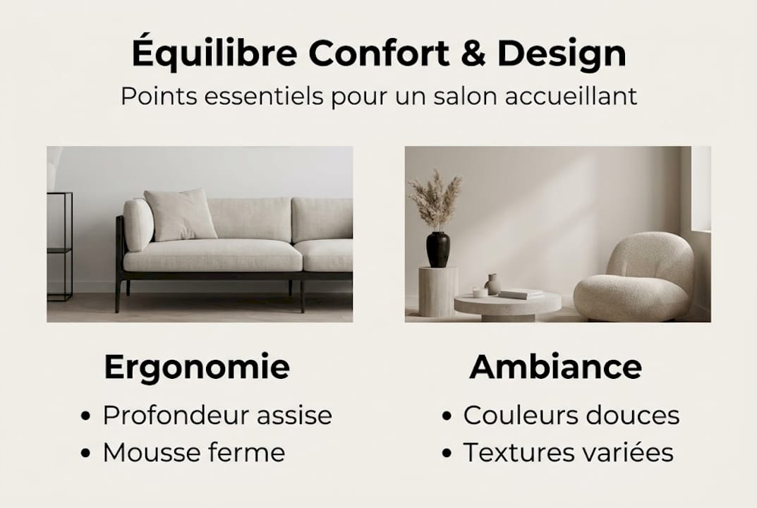 Tout ce qu’il faut savoir pour créer un salon à la fois confortable et élégant, présenté en infographie.
