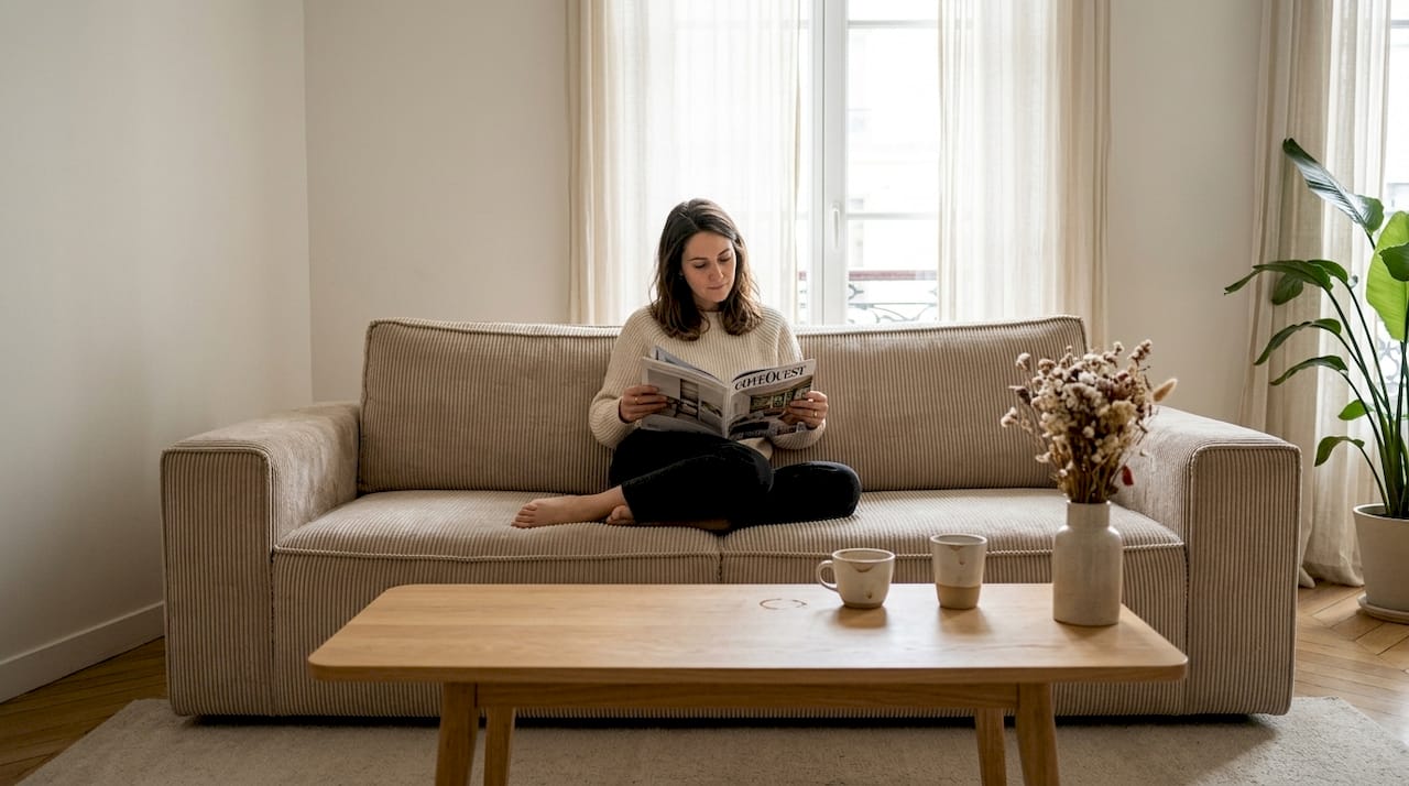 Un salon chaleureux aménagé avec un canapé en velours côtelé beige, idéal pour créer une ambiance cosy et élégante.
