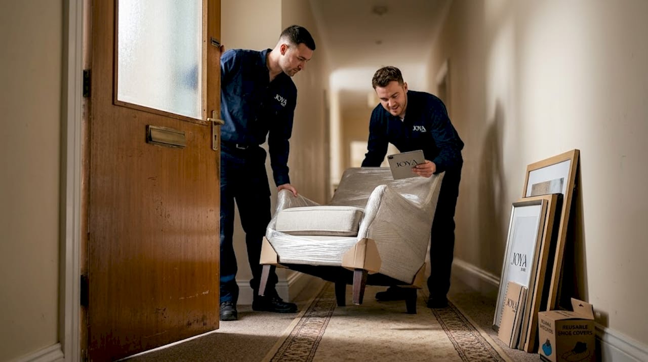 Des livreurs de meubles transportent une chaise dans le couloir.