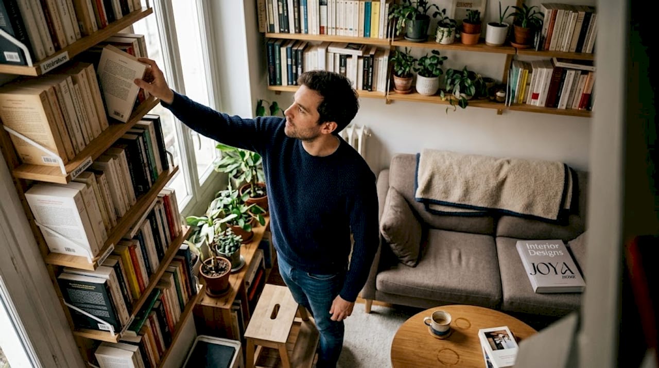 Des étagères murales verticales pour optimiser le rangement dans un petit salon