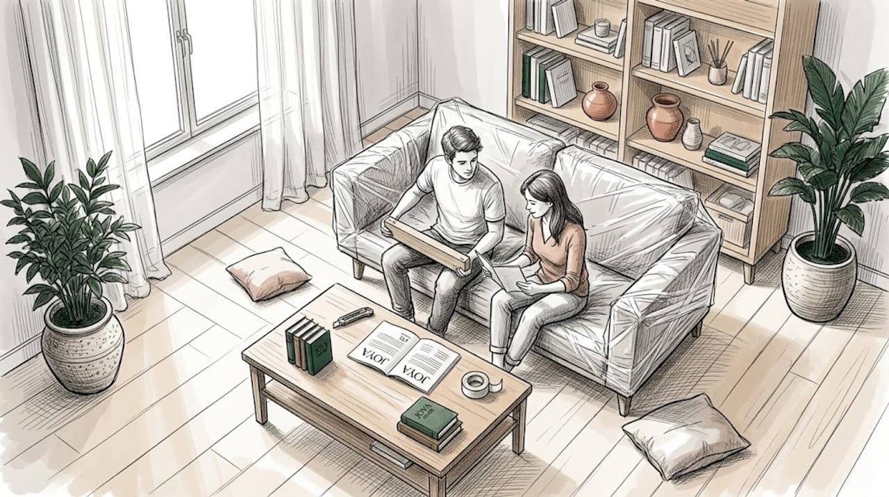 Un couple déballe et monte un canapé livré en kit dans leur salon.