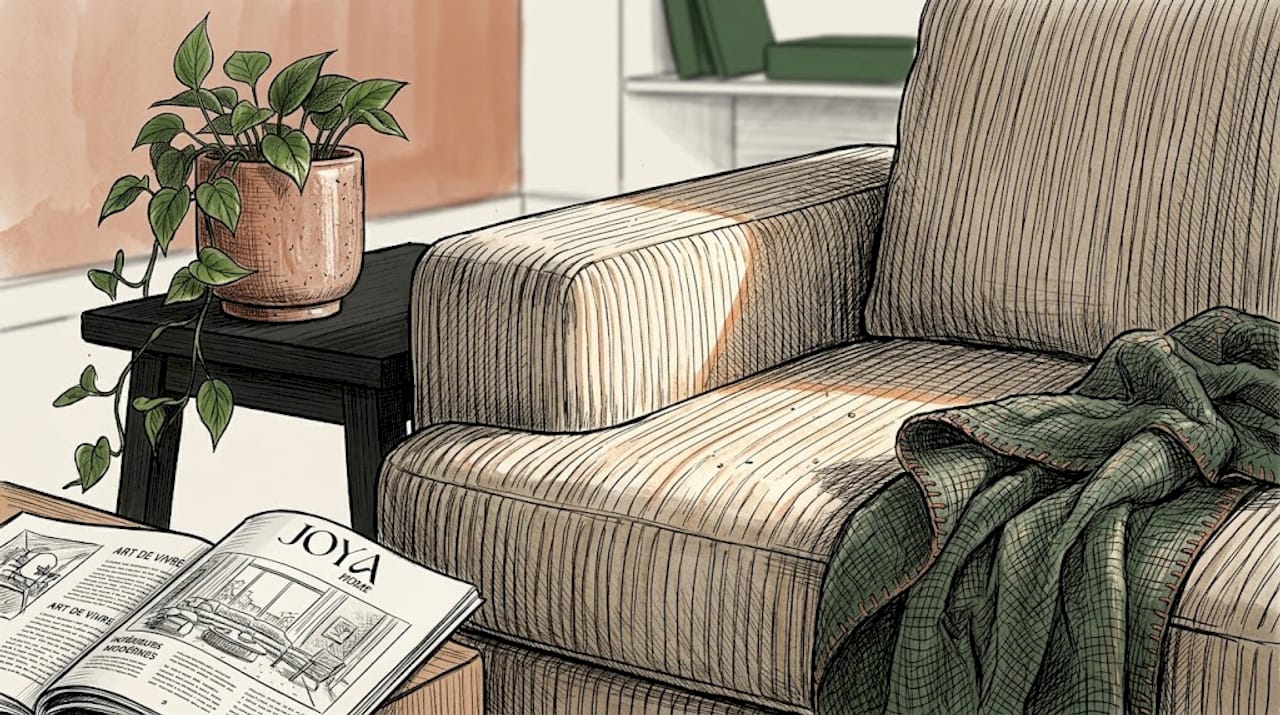 Zoom sur le fauteuil en velours côtelé baigné par la lumière du salon