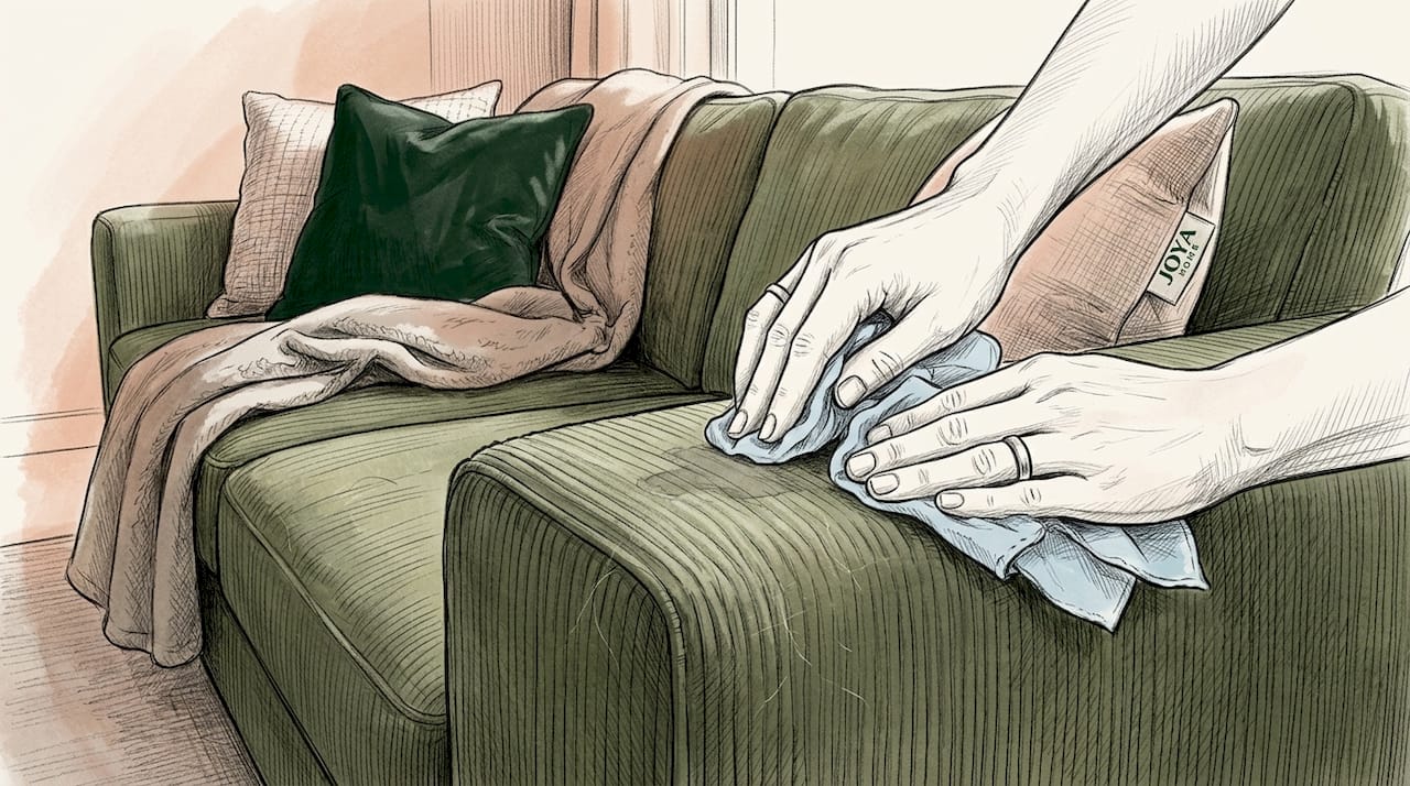 Des mains s’appliquent à détacher une tache sur un canapé en velours côtelé avec beaucoup de soin.