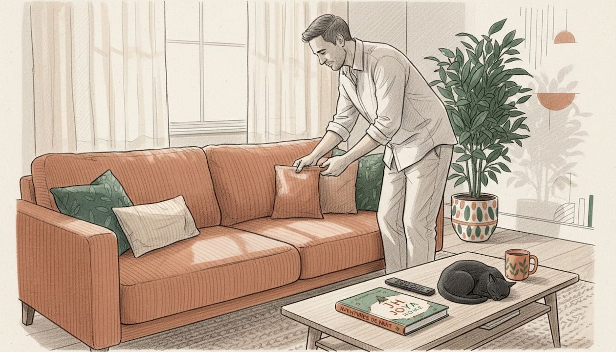 Un homme examine attentivement la qualité d’un tissu en velours côtelé.