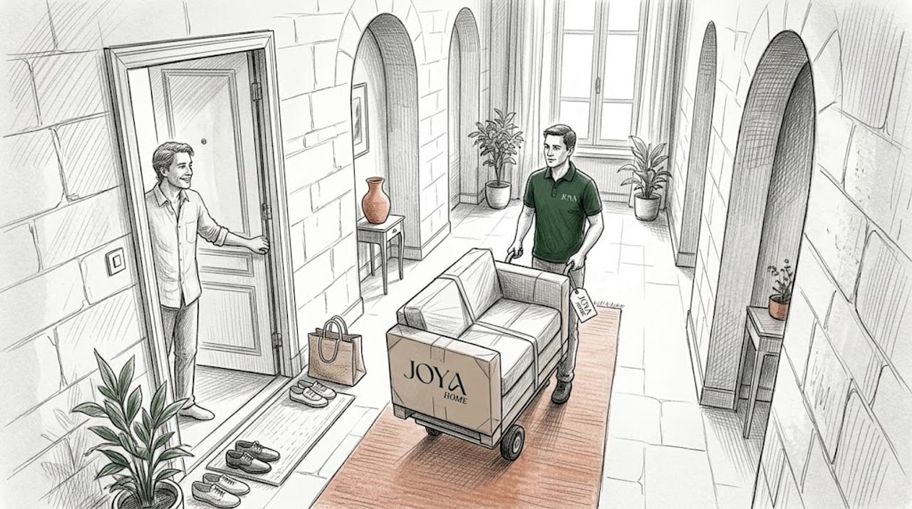 Un livreur monte un canapé dans un immeuble d'habitation.