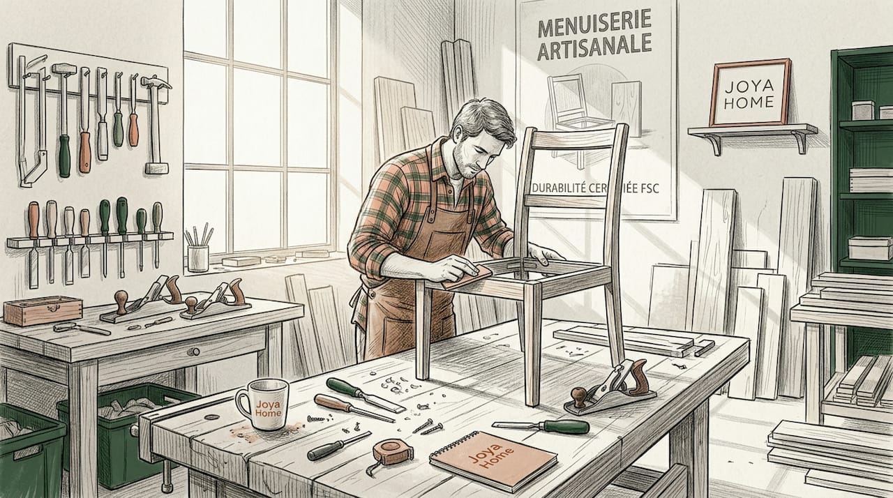 Un artisan passionné façonne un meuble en bois issu de forêts gérées durablement.