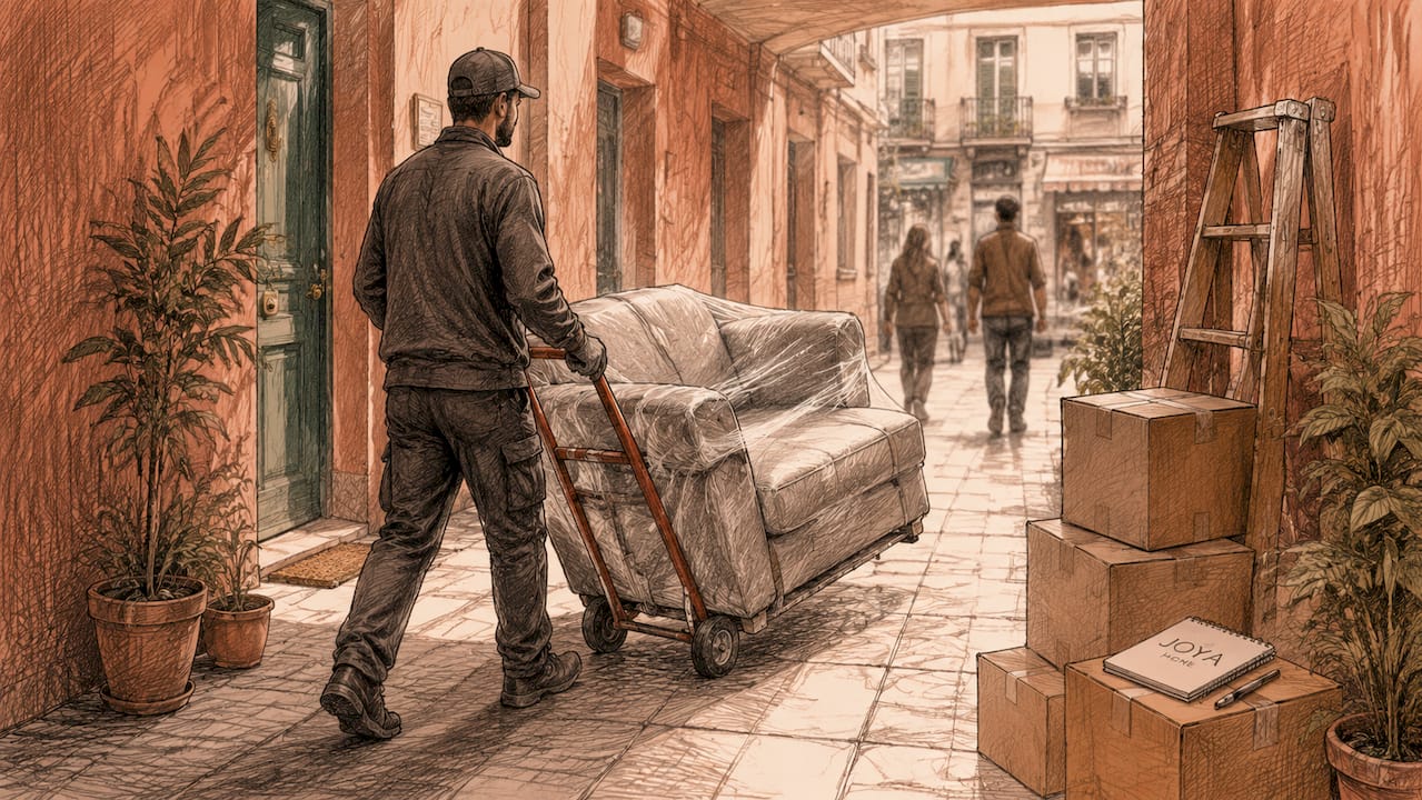 Camion de livraison de mobilier compacté en tournée dans le centre-ville