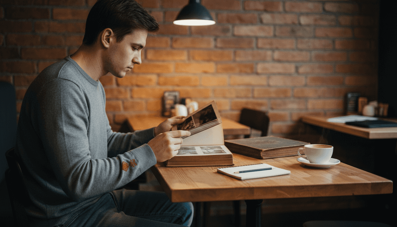 Mees sirvib portfelli, istudes hubases kohvikus.