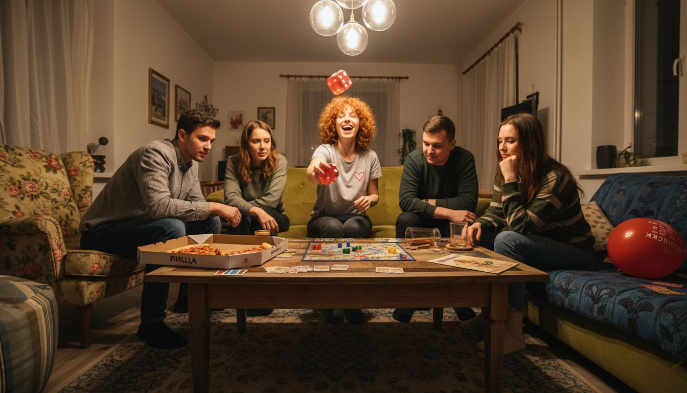 Külalised kogunevad elutuppa ja mängivad kirglikult interaktiivset mängu.