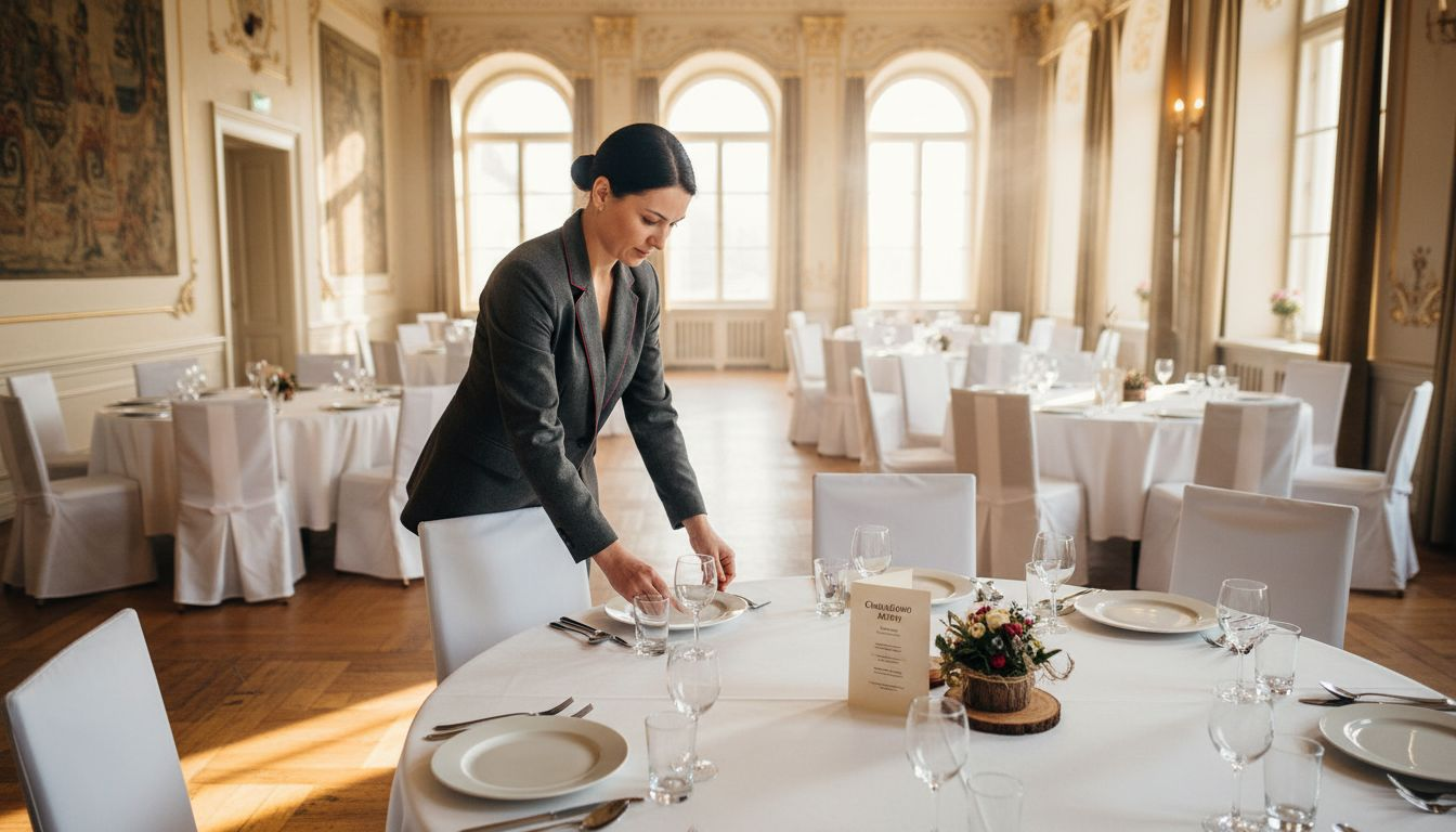 Juhataja kontrollib, kuidas saal on Tallinnas pulmadeks ette valmistatud.