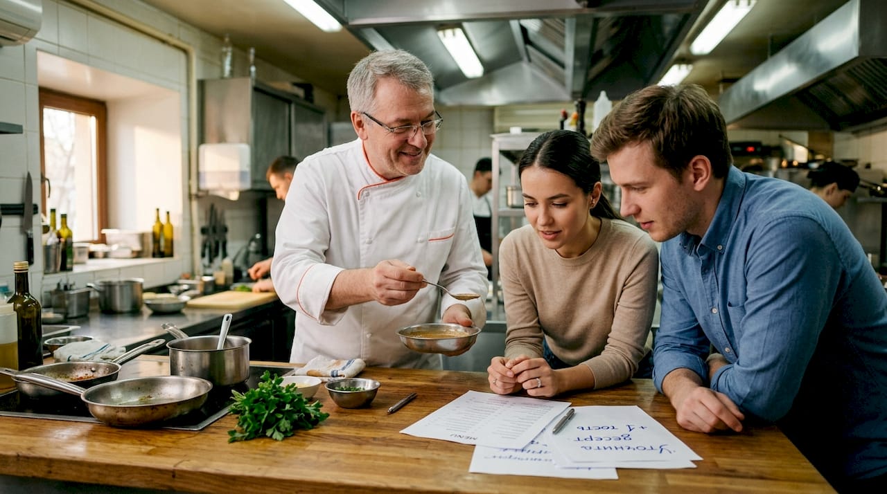 Couple discussing banquet menu options with chef