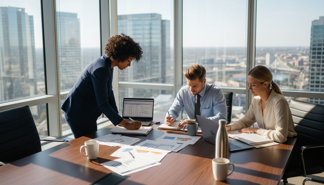 Team preparing sustainability reports in office
