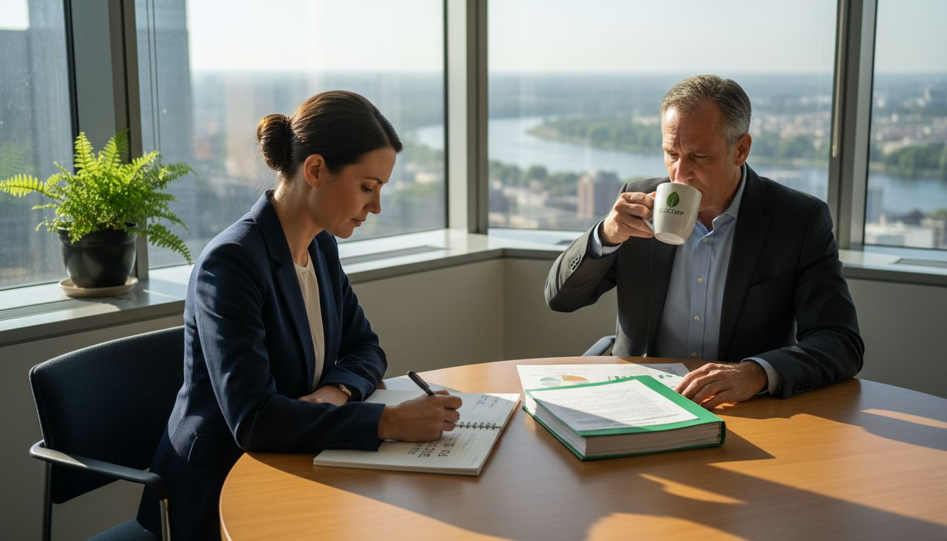 Executives discussing environmental report in office