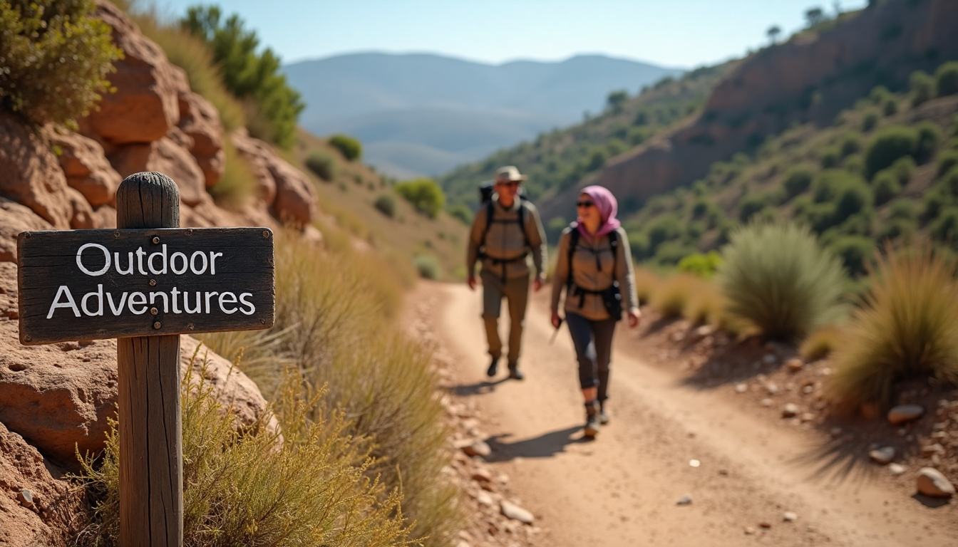 Hiker and guide on Atlas mountain trail with outdoor adventure marker