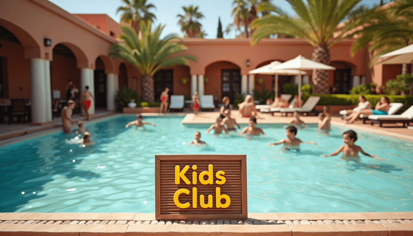 Children playing in Moroccan resort pool with visible 'Kids Club' activities board
