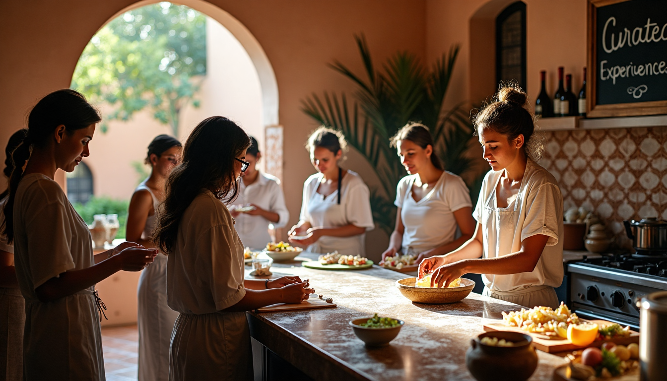 Travelers enjoying private Moroccan cooking class in riad kitchen