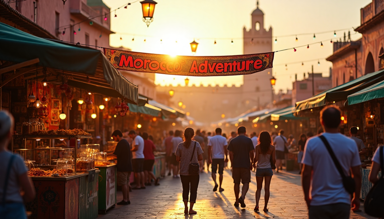 Travelers exploring Marrakech square at sunset with market banners