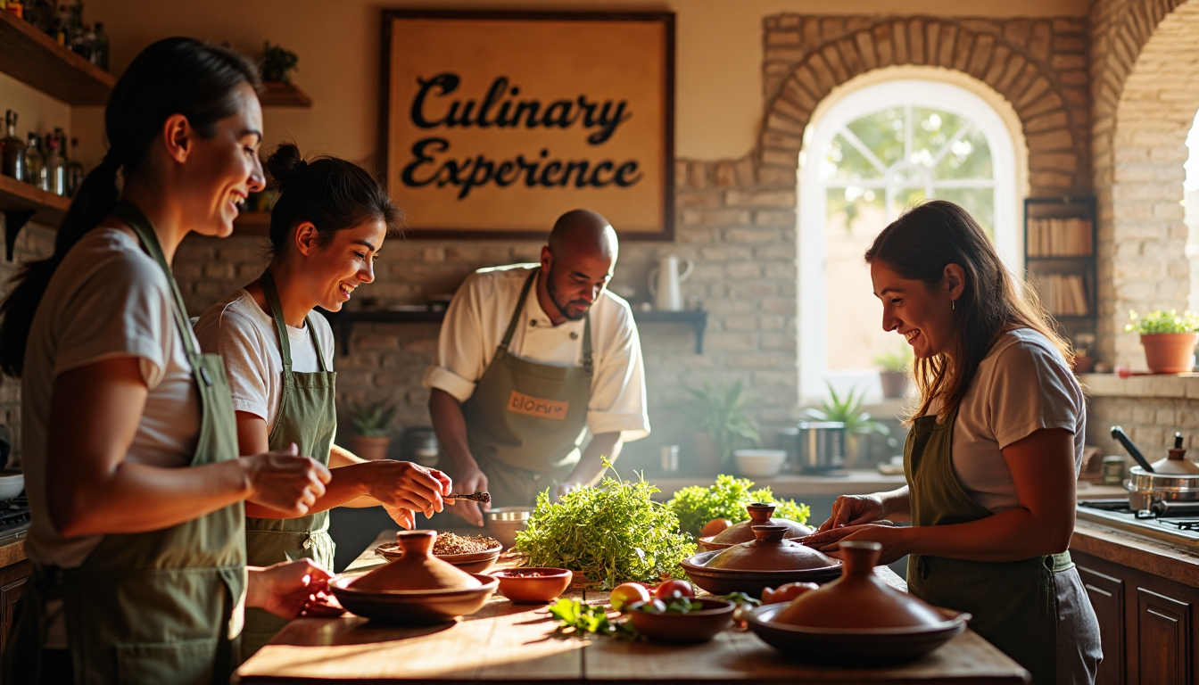 Travelers in a Moroccan cooking class enjoying culinary traditions
