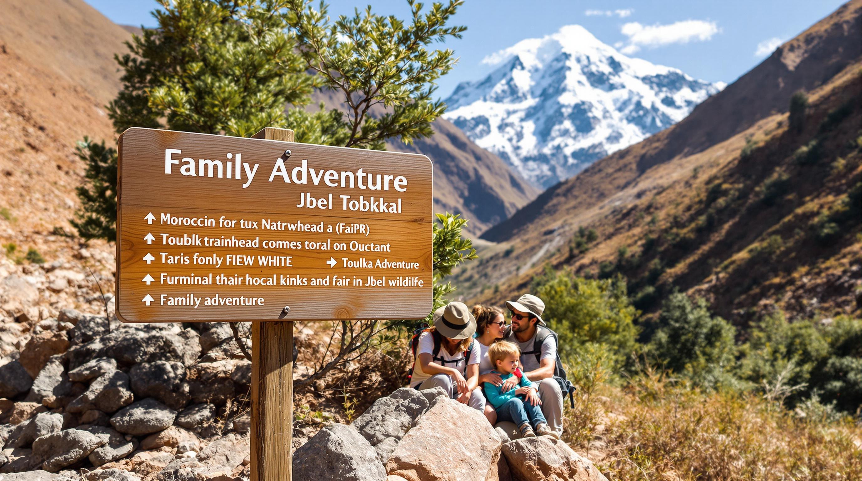 Moroccan family hiking in Toubkal National Park with 'Family Adventure' sign