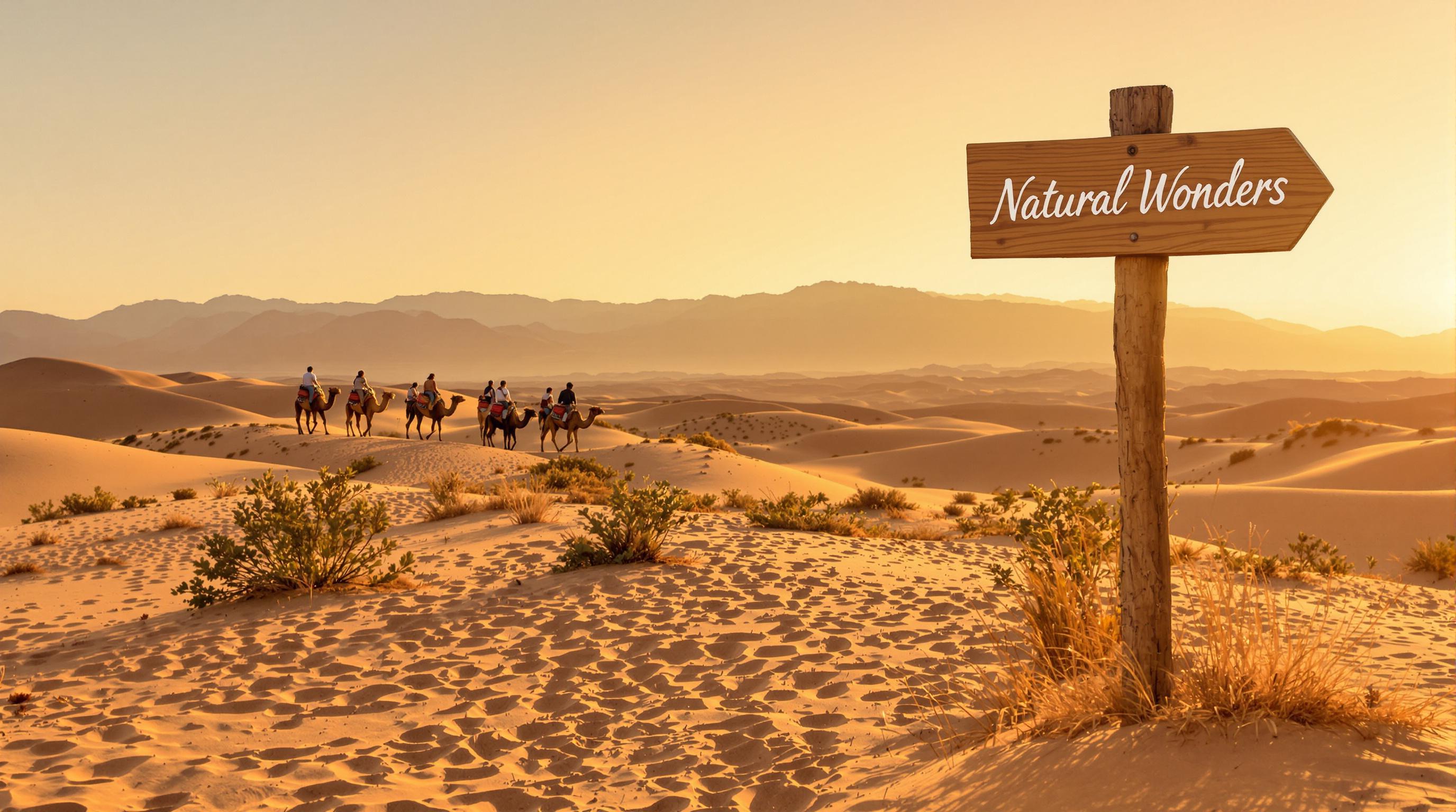 Travelers on camelback led by Berber guide across Sahara dunes at sunset with Natural Wonders on wooden sign