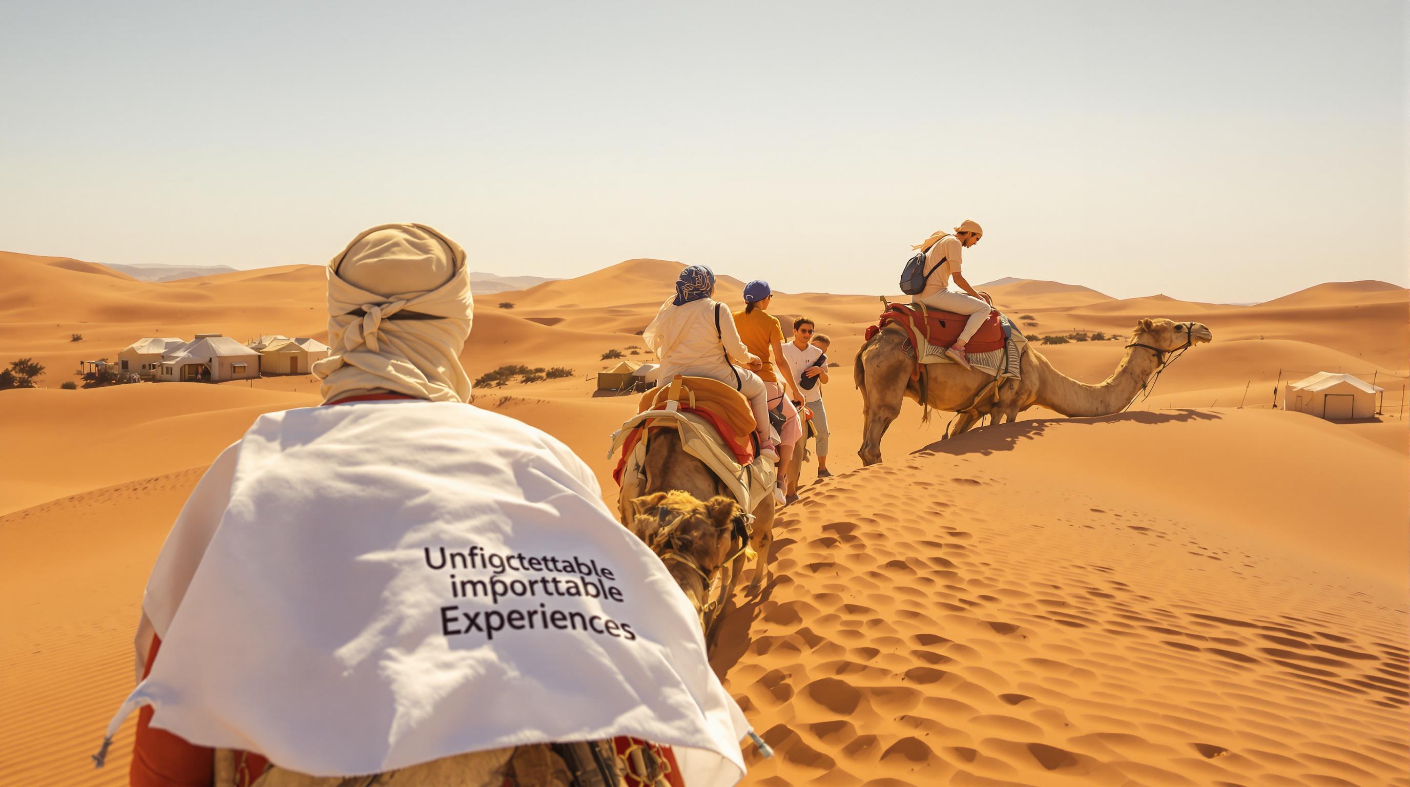 Family camel trekking with guide in Sahara desert Morocco