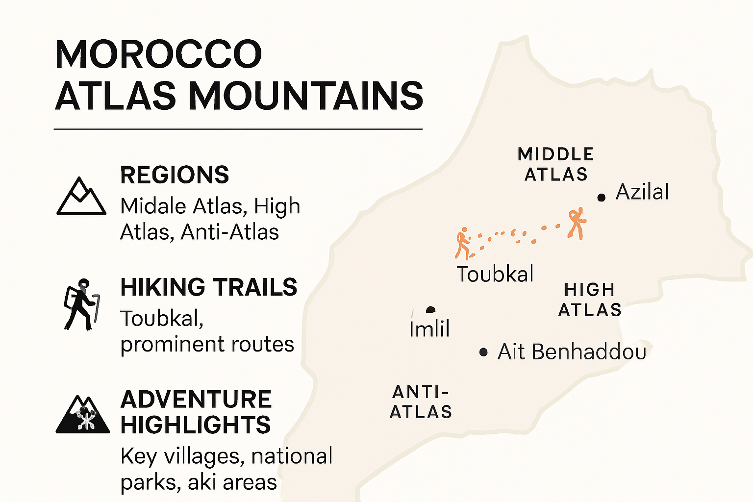 Map infographic of Morocco Atlas Mountains regions and activities
