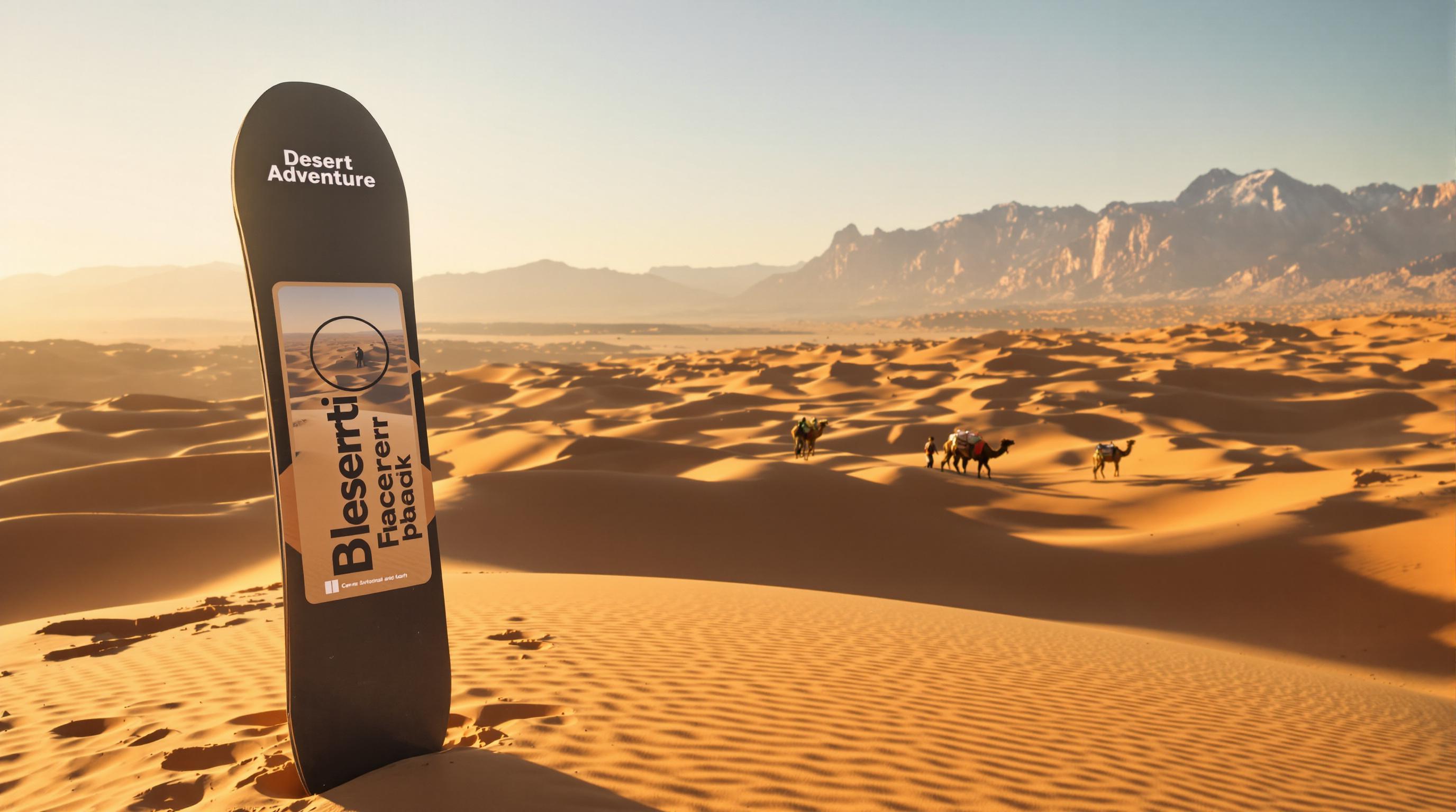 Adventure travelers sandboarding and camel trekking in Morocco's Sahara Desert at sunrise