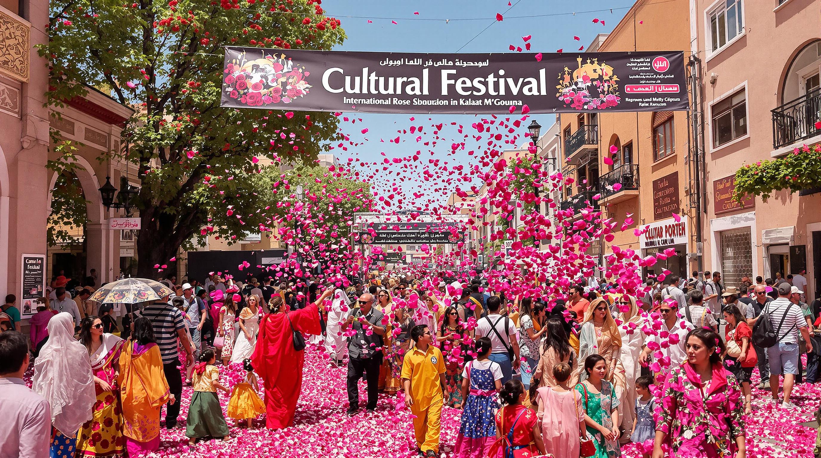 Moroccan cultural festival with rose petals parade and festive crowds.