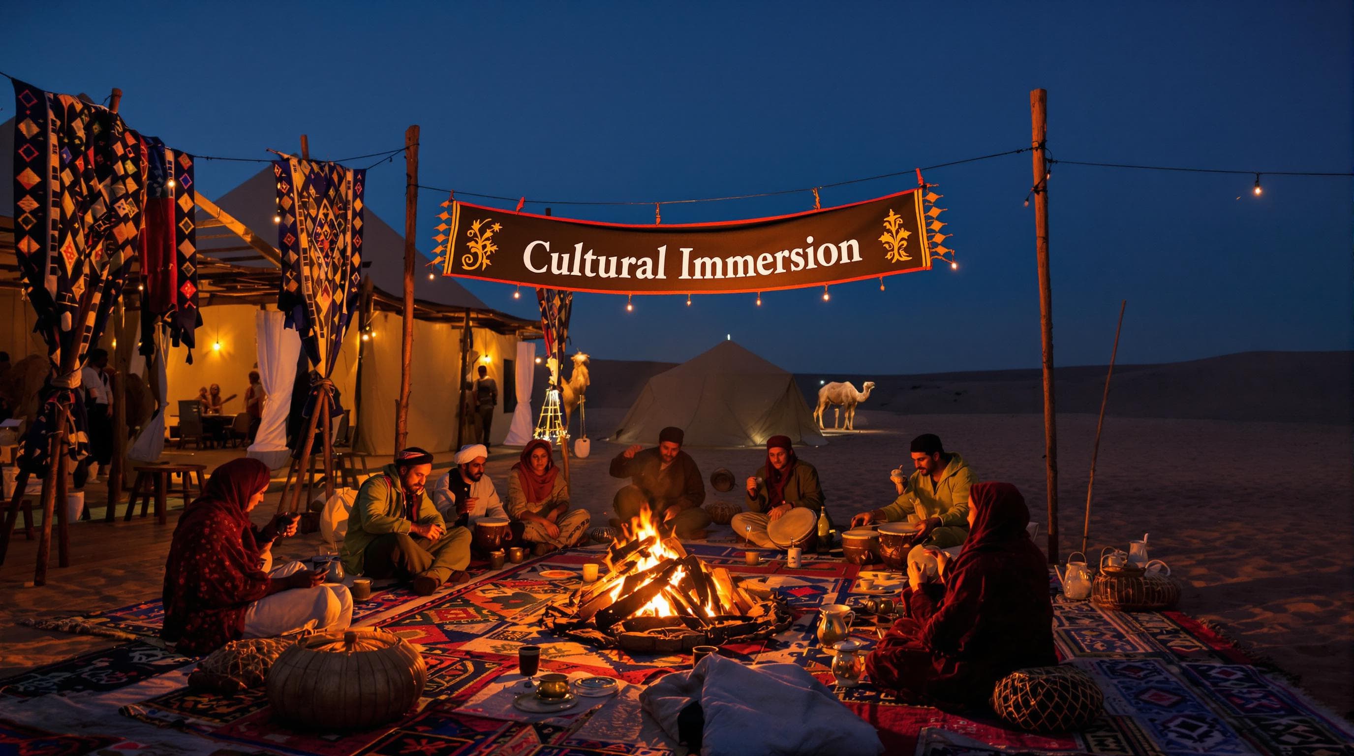 Moroccan desert campfire with Berber hosts, music, and guests sharing tea